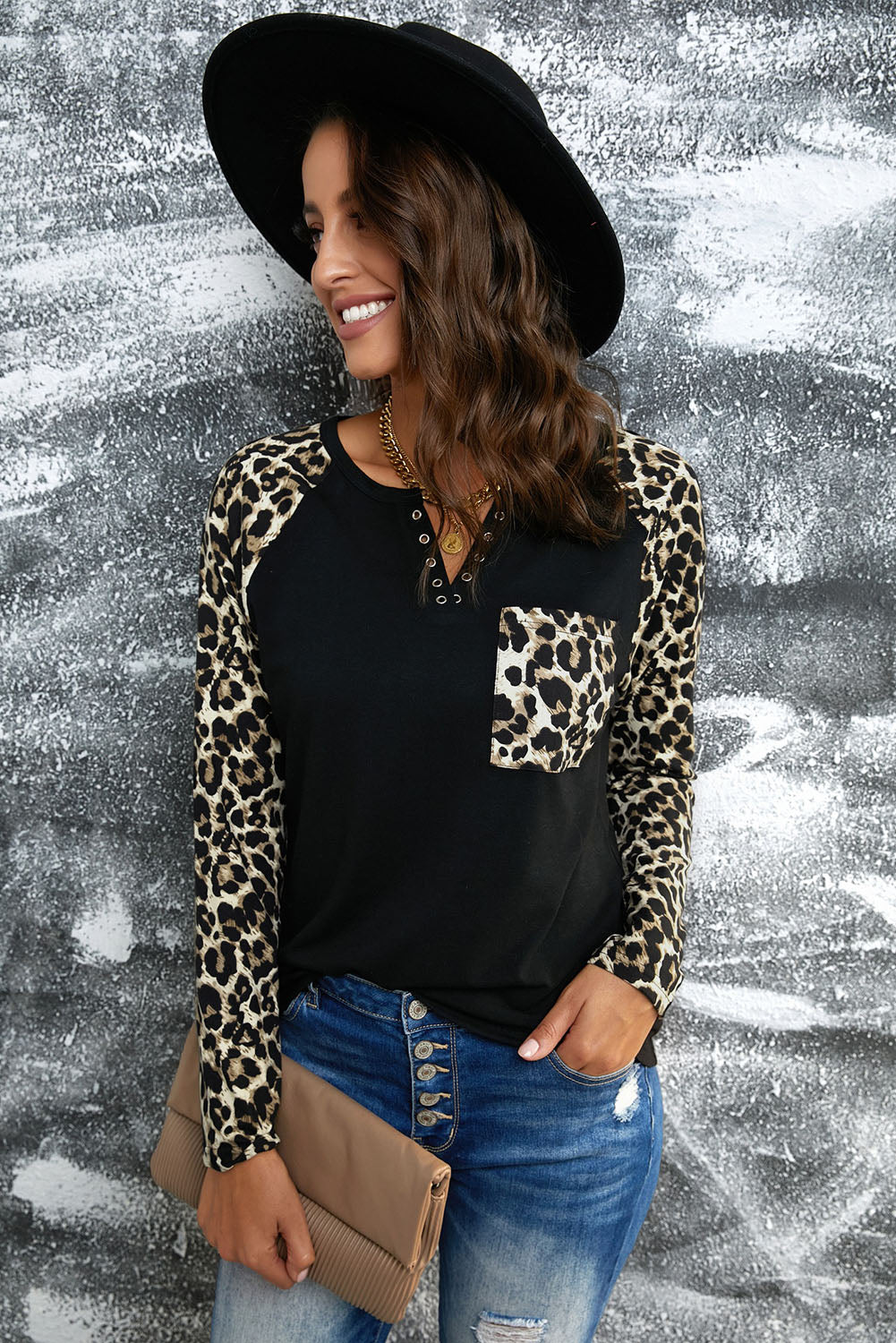 Leopard Print Grommet Long Sleeve Tee