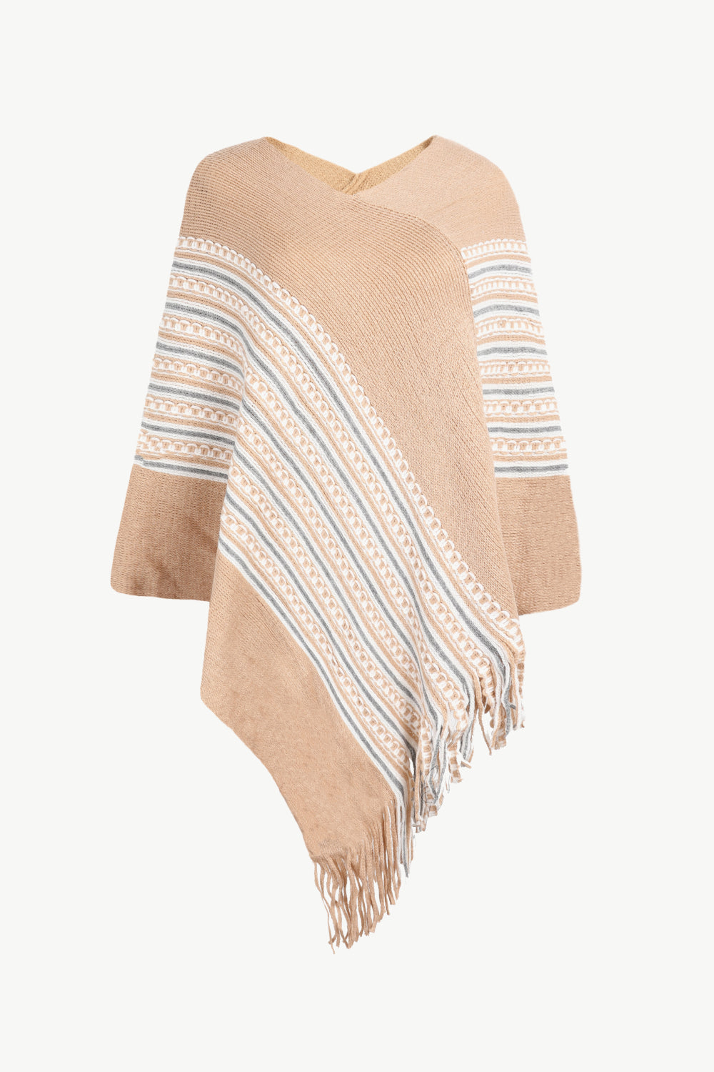 Striped Asymmetrical Fringe Hem Poncho