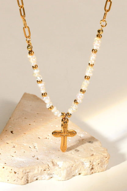 18K Stainless Steel Pearl Cross Pendant Necklace