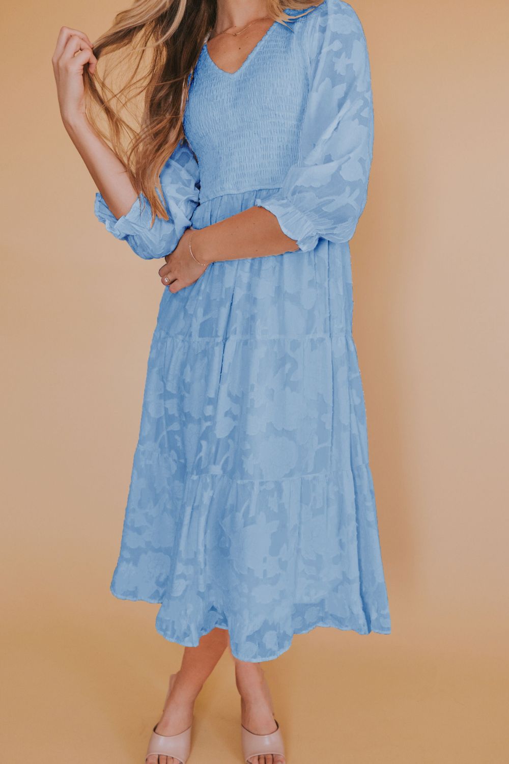 Smocked V-Neck Flounce Sleeve Dress