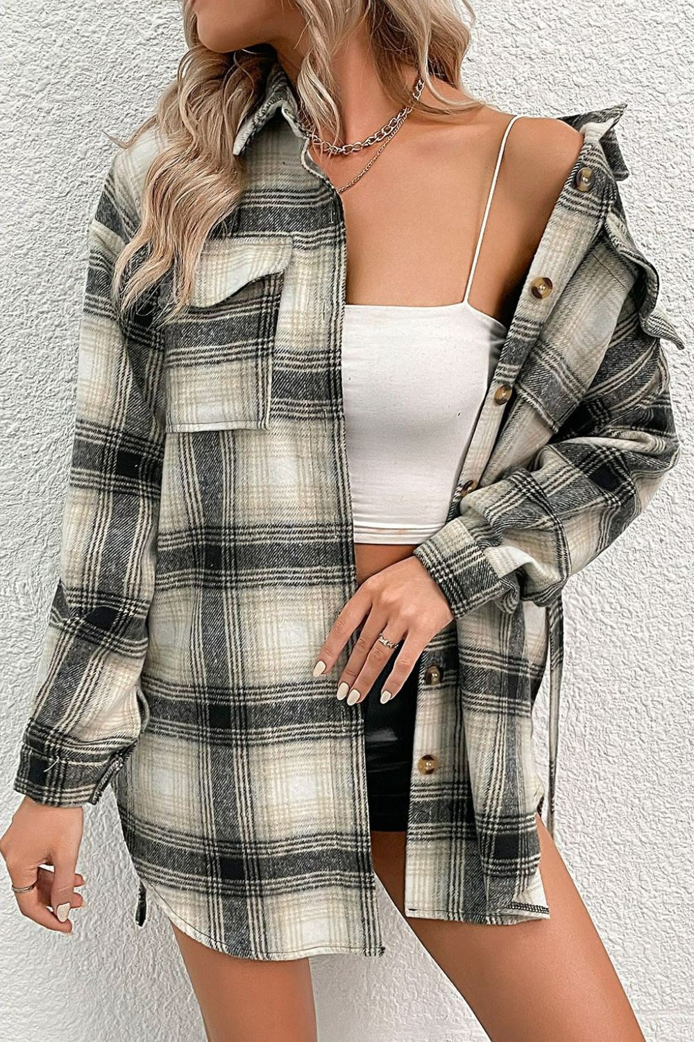 Plaid Button Down Belted Shirt Jacket