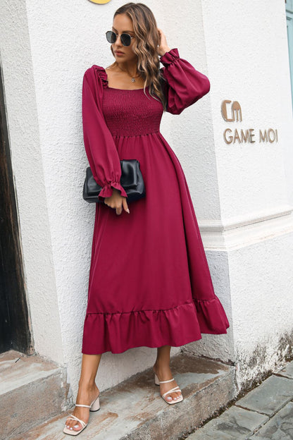 Smocked Ruffle Hem Flounce Sleeve Dress