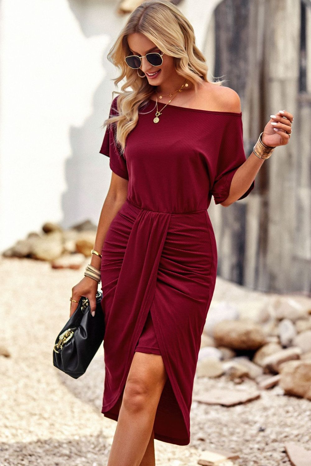 Ribbed Off-Shoulder Tulip Hem Dress