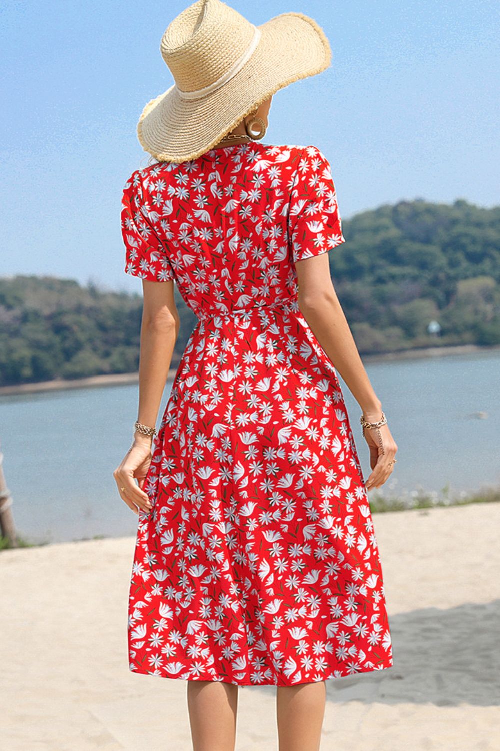 Floral Surplice Neck Short Sleeve Dress