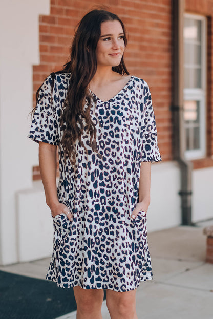 Leopard V-Neck Short Sleeve Mini Dress with Pockets