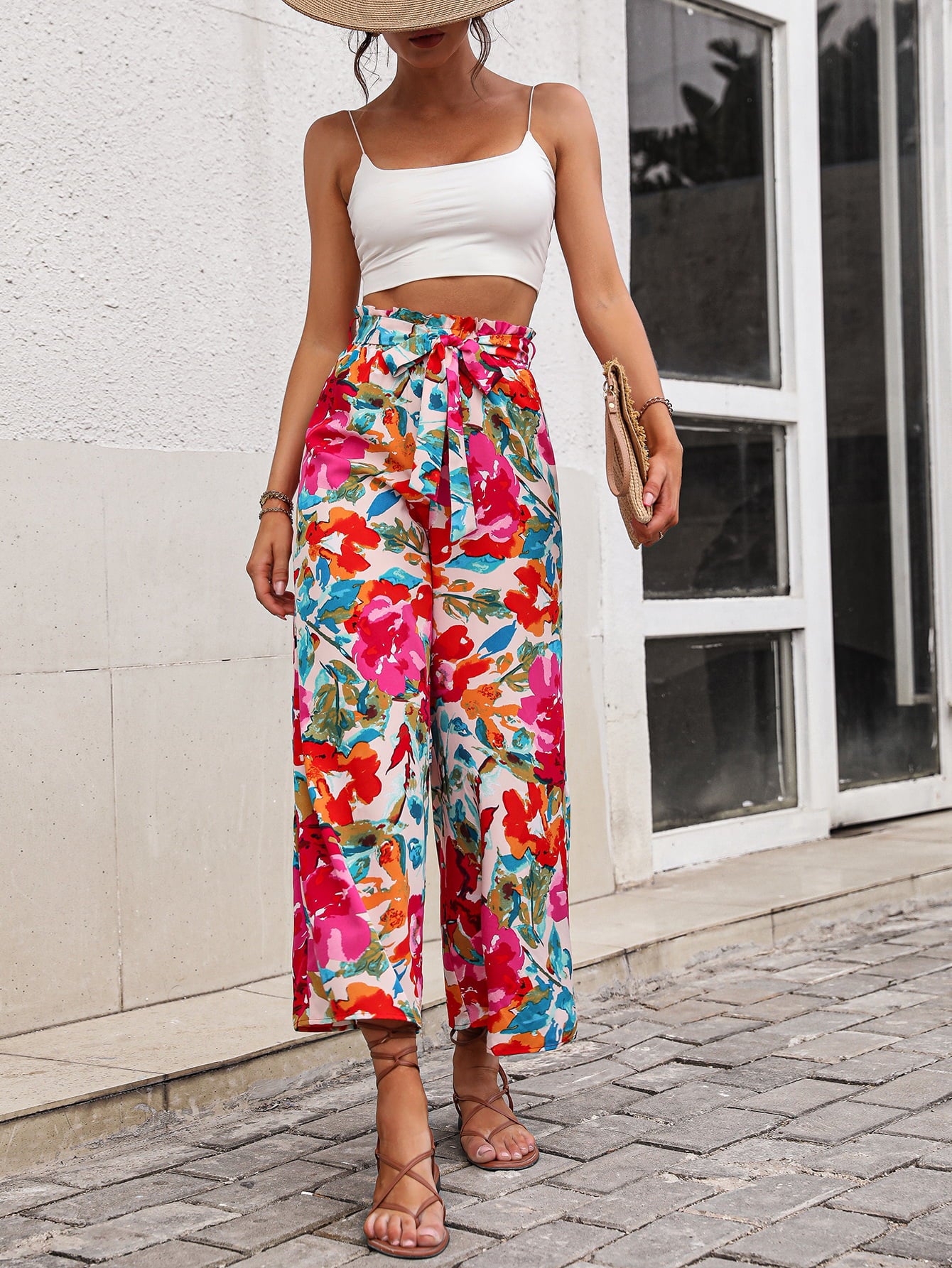 Floral Tie Belt Wide Leg Pants