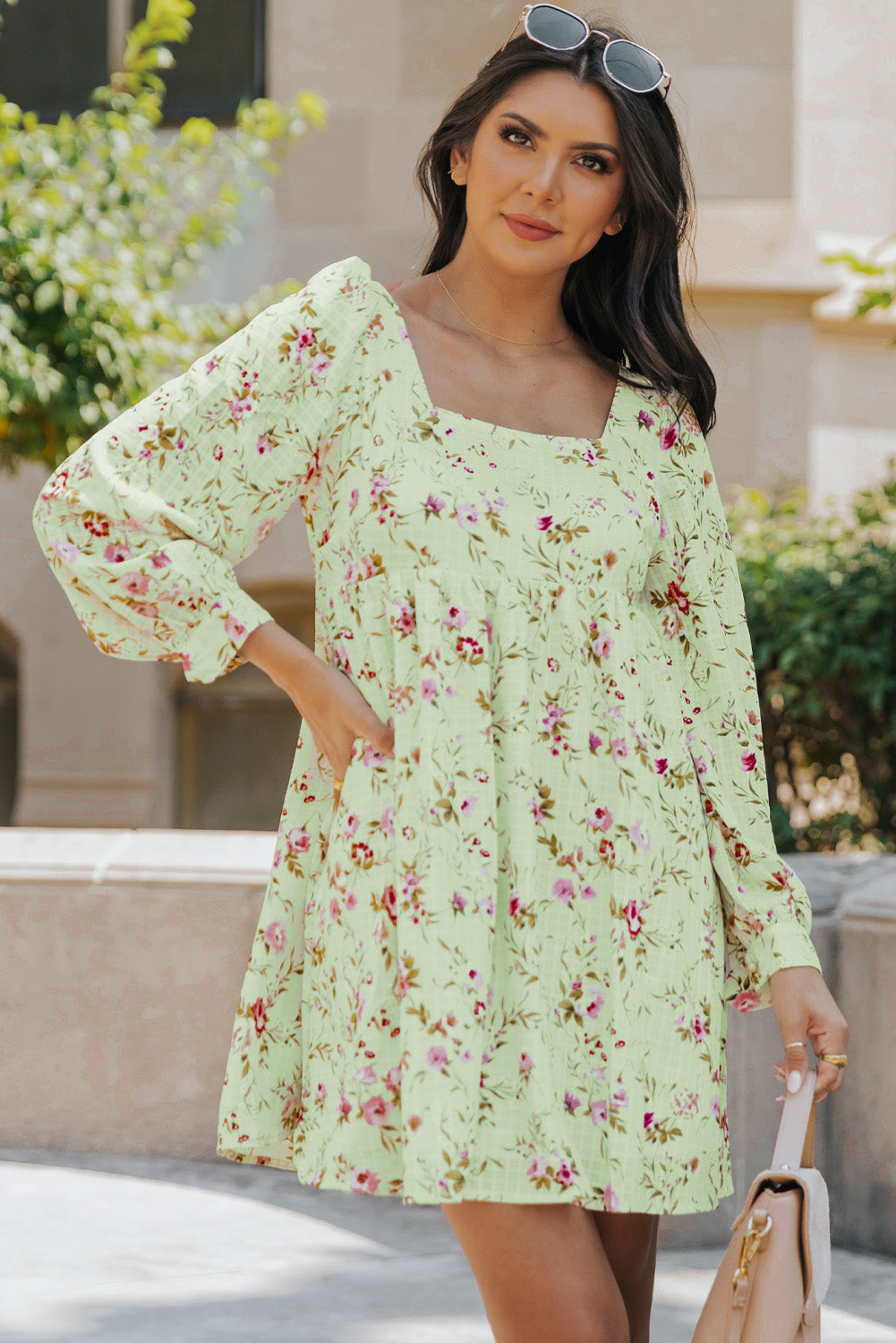 Floral Square Neck Empire Waist Dress