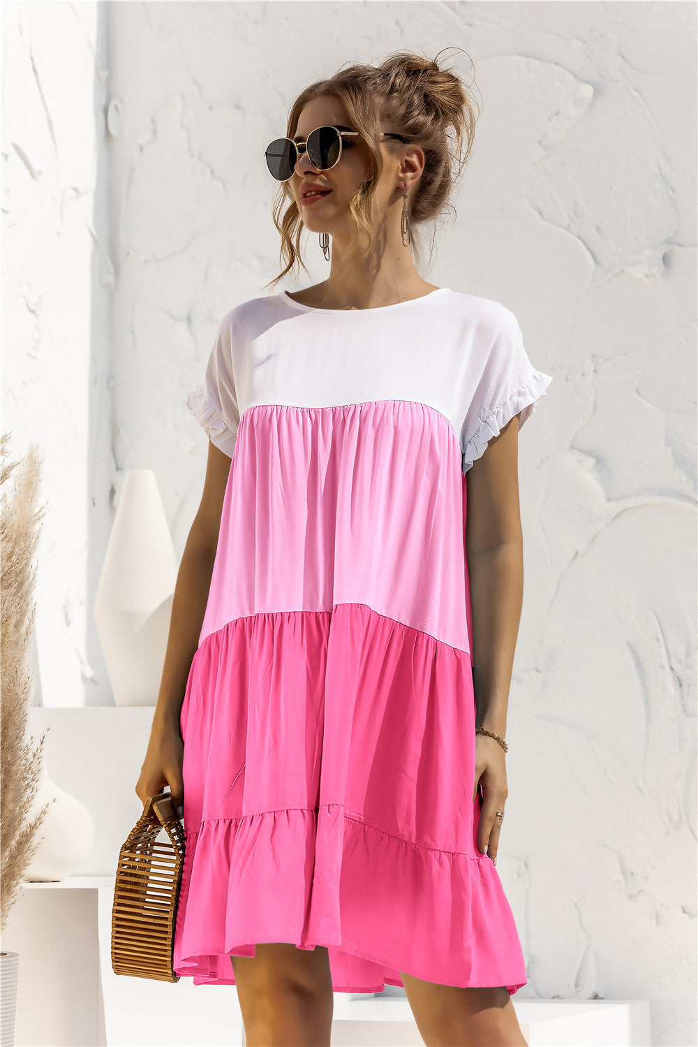 Color Block Round Neck Ruffle Hem Dress