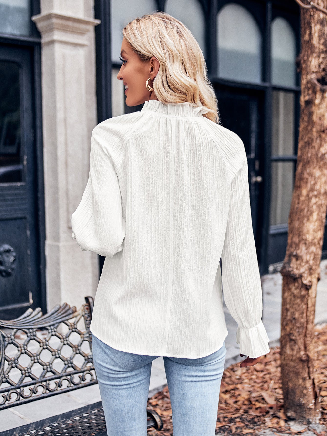 Ruffled Mock Neck Flounce Sleeve Blouse