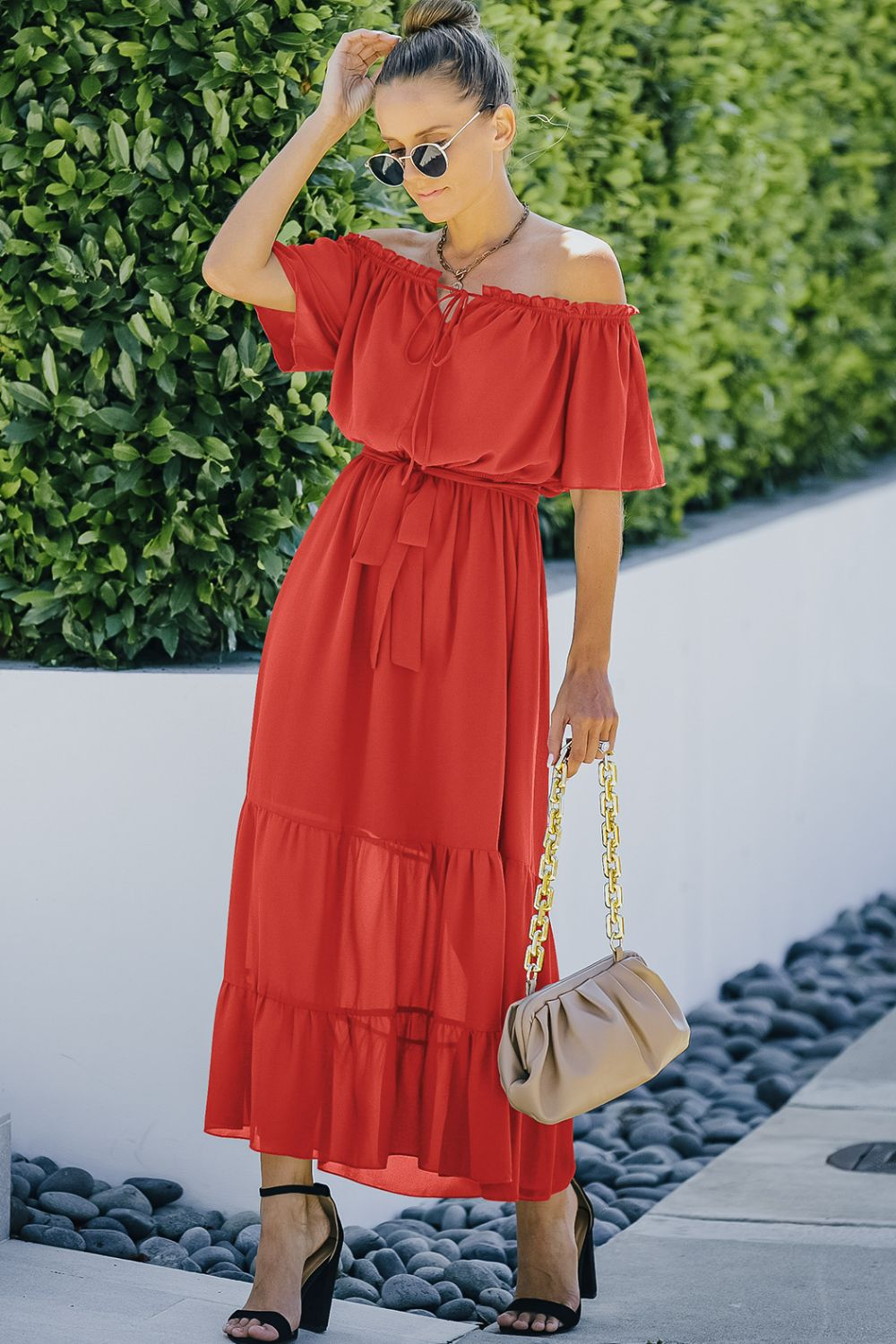 Tie Front Off-Shoulder Belted Tiered Maxi Dress