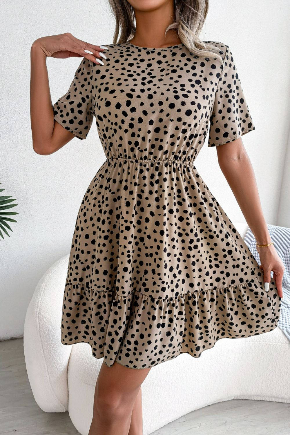 Printed Round Neck Short Sleeve Ruffled Dress