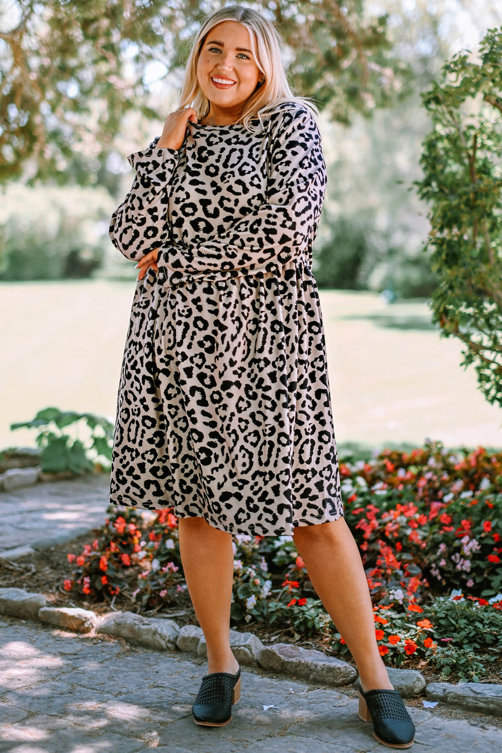 Plus Size Leopard Round Neck Flounce Dress