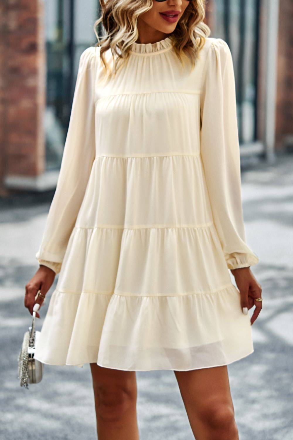 Tied Ruffle Collar Puff Sleeve Mini Dress