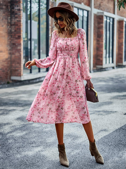 Floral Square Neck Smocked Balloon Sleeve Dress