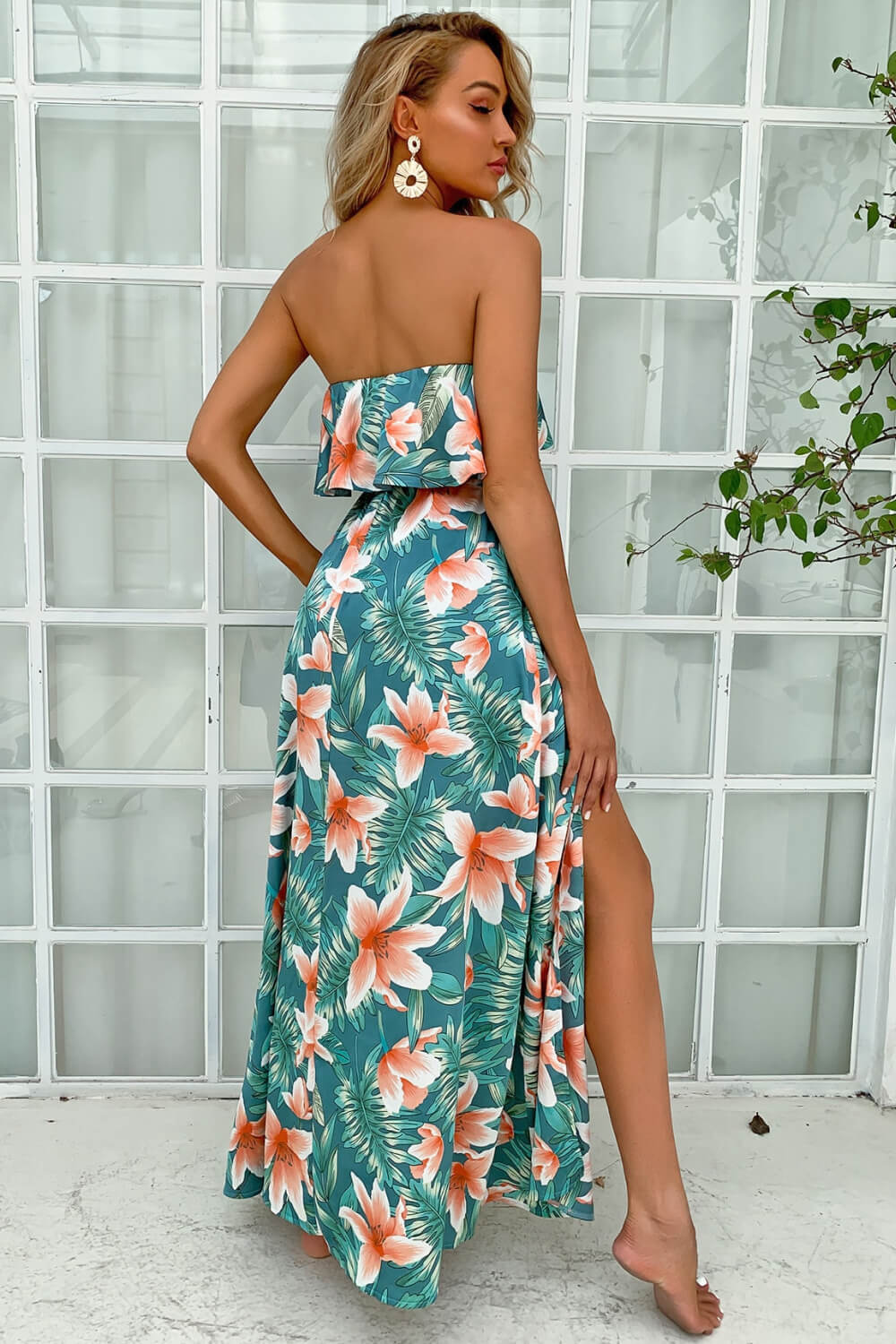 Tropical Print Layered Strapless Maxi Dress with Slit