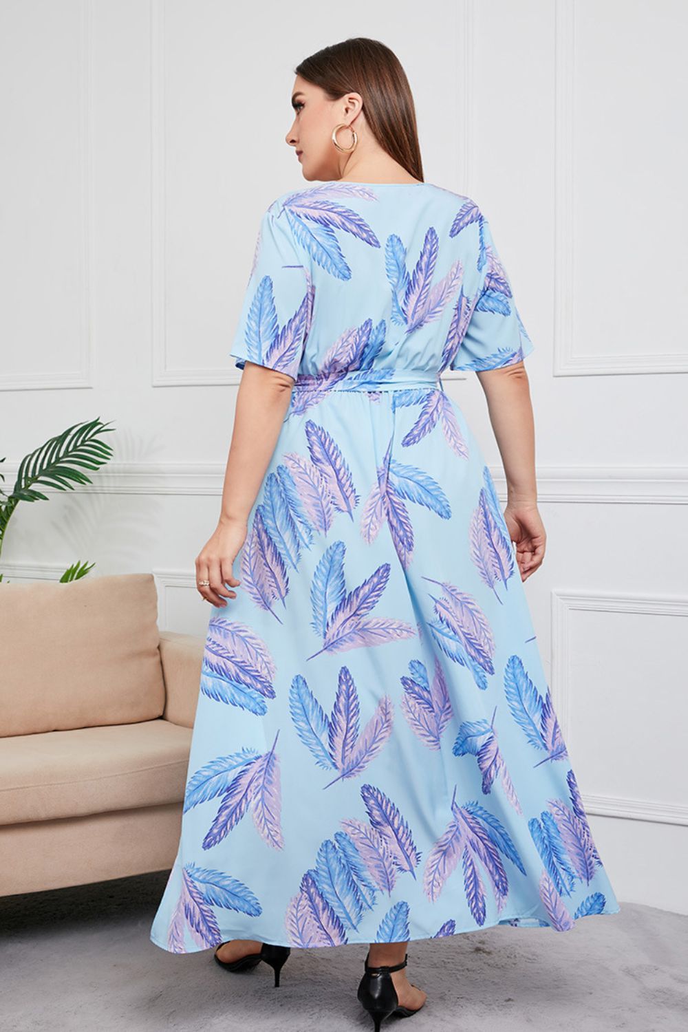 Plus Size Printed Surplice Short Sleeve Maxi Dress