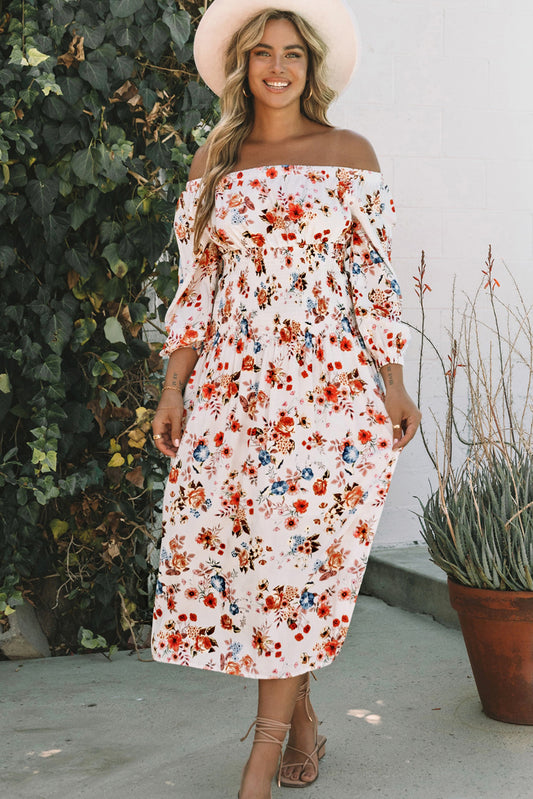 Floral Off-Shoulder Smocked Midi Dress