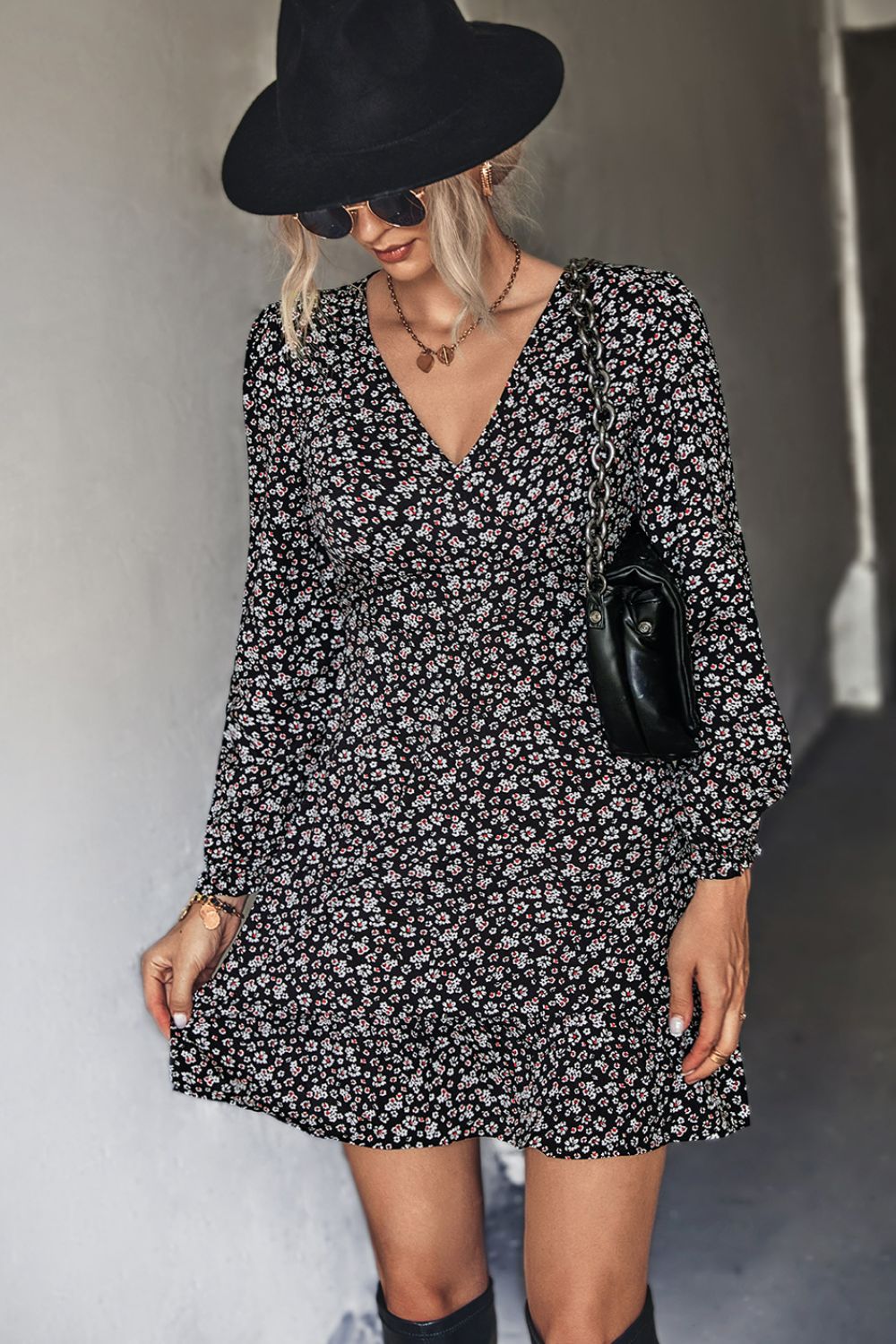 Ditsy Floral V-Neck Flounce Sleeve Dress