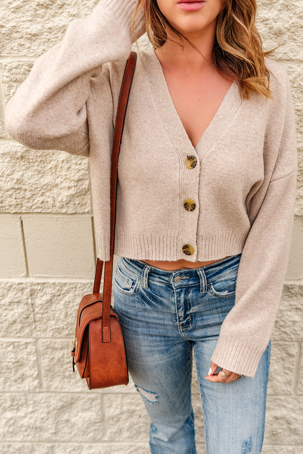 Button Down V-Neck Cropped Cardigan