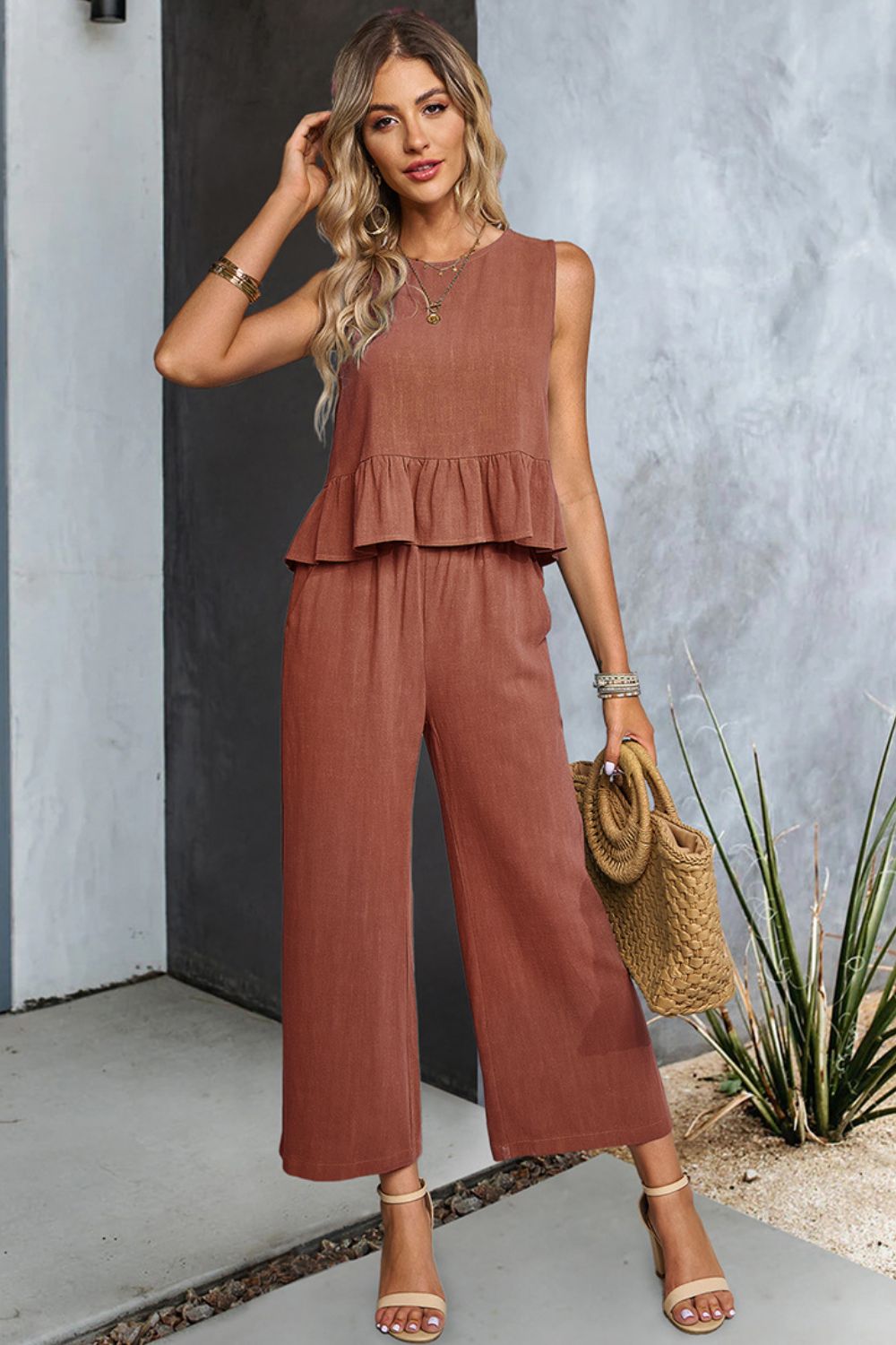 Decorative Button Ruffle Hem Tank and Pants Set