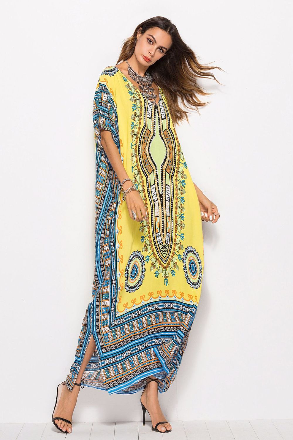 Printed V-Neck Side Slit Maxi Dress