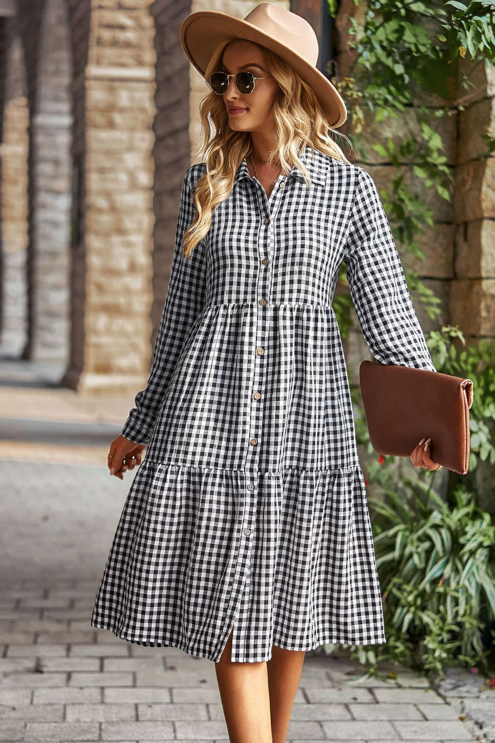 Collared Neck Long Sleeve Midi Dress