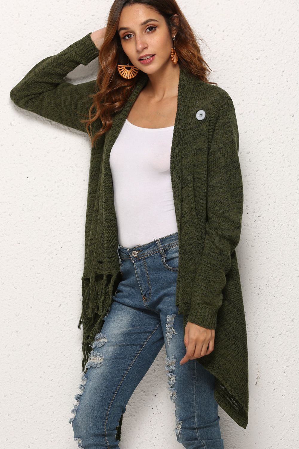 One-Button Tassel Tie Asymmetrical Hem Cardigan