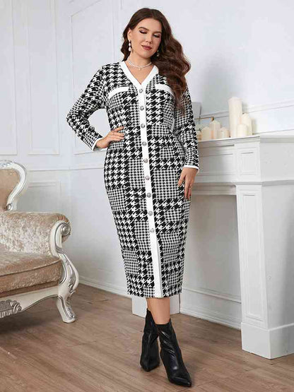 Plus Size Houndstooth Button-Down Long Sleeve Dress