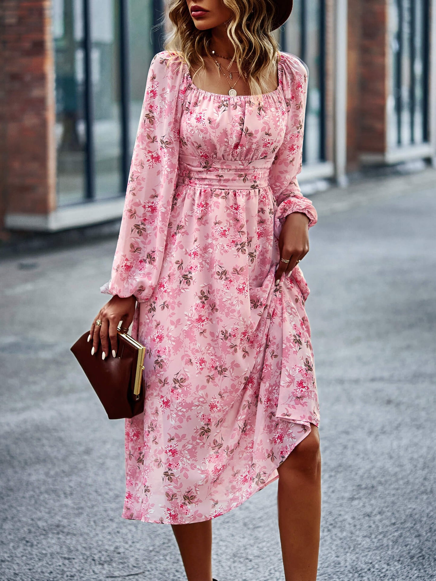 Floral Square Neck Smocked Balloon Sleeve Dress