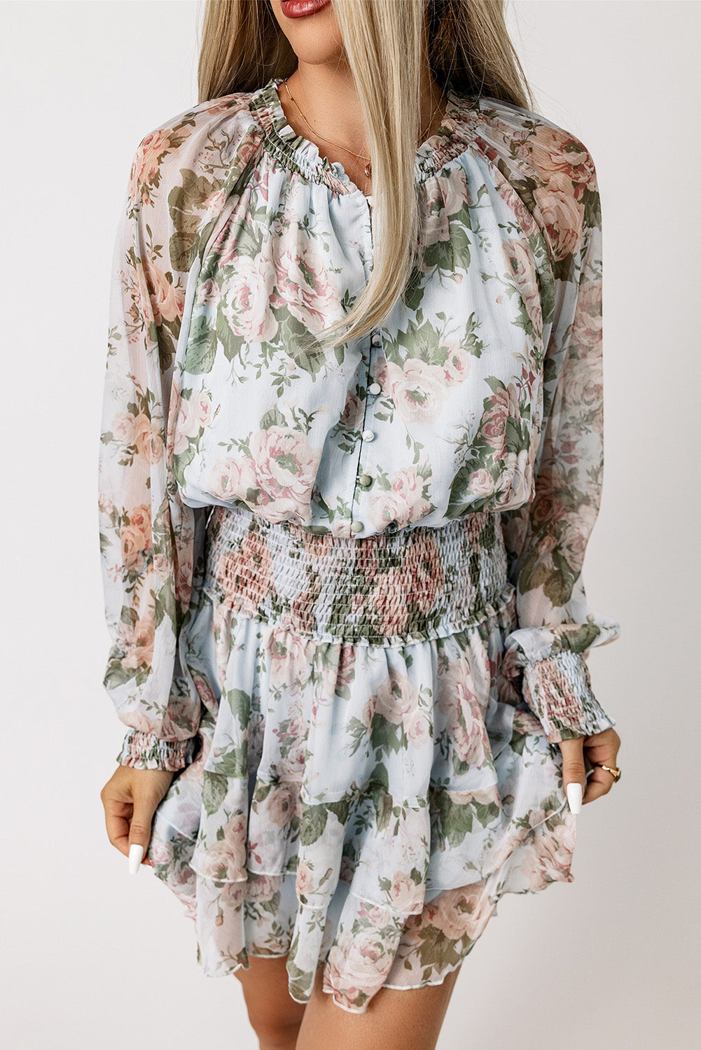 Floral Smocked Waist Layered Mini Dress