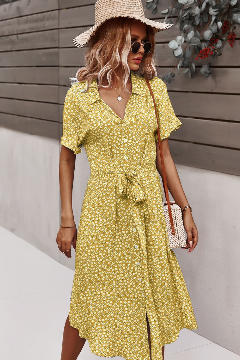 Floral Tie Front Slit Dress