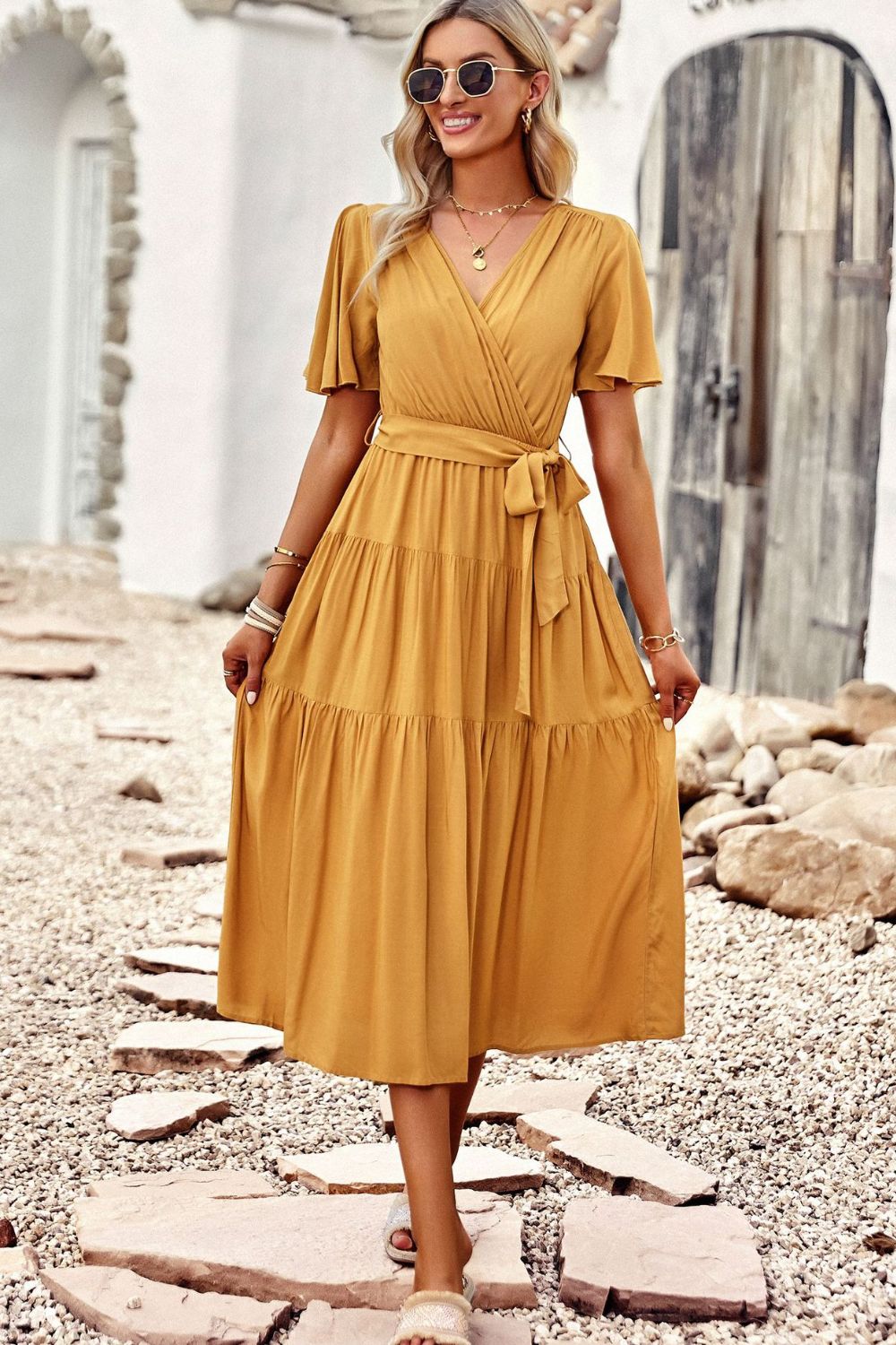 Belted Flutter Sleeve Tiered Surplice Dress