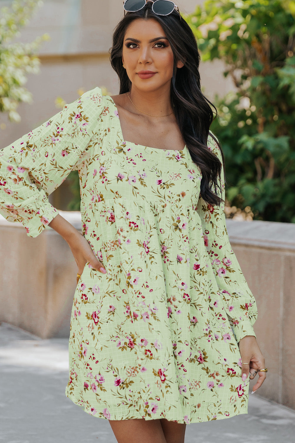 Floral Square Neck Empire Waist Dress