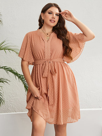 Plus Size Tie Waist Notched Neck Flutter Sleeve Dress