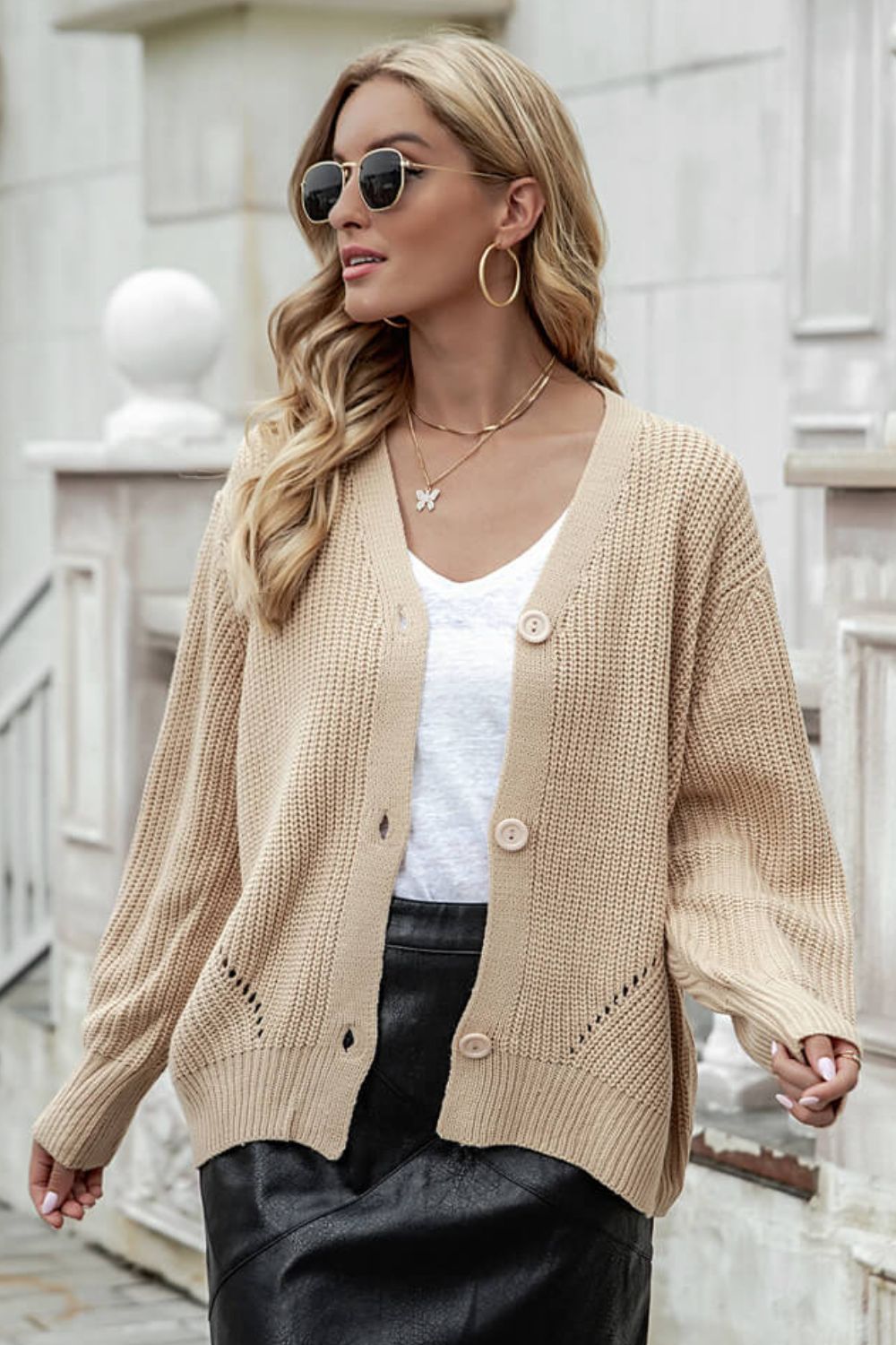 Button Front Dropped Shoulder Cardigan