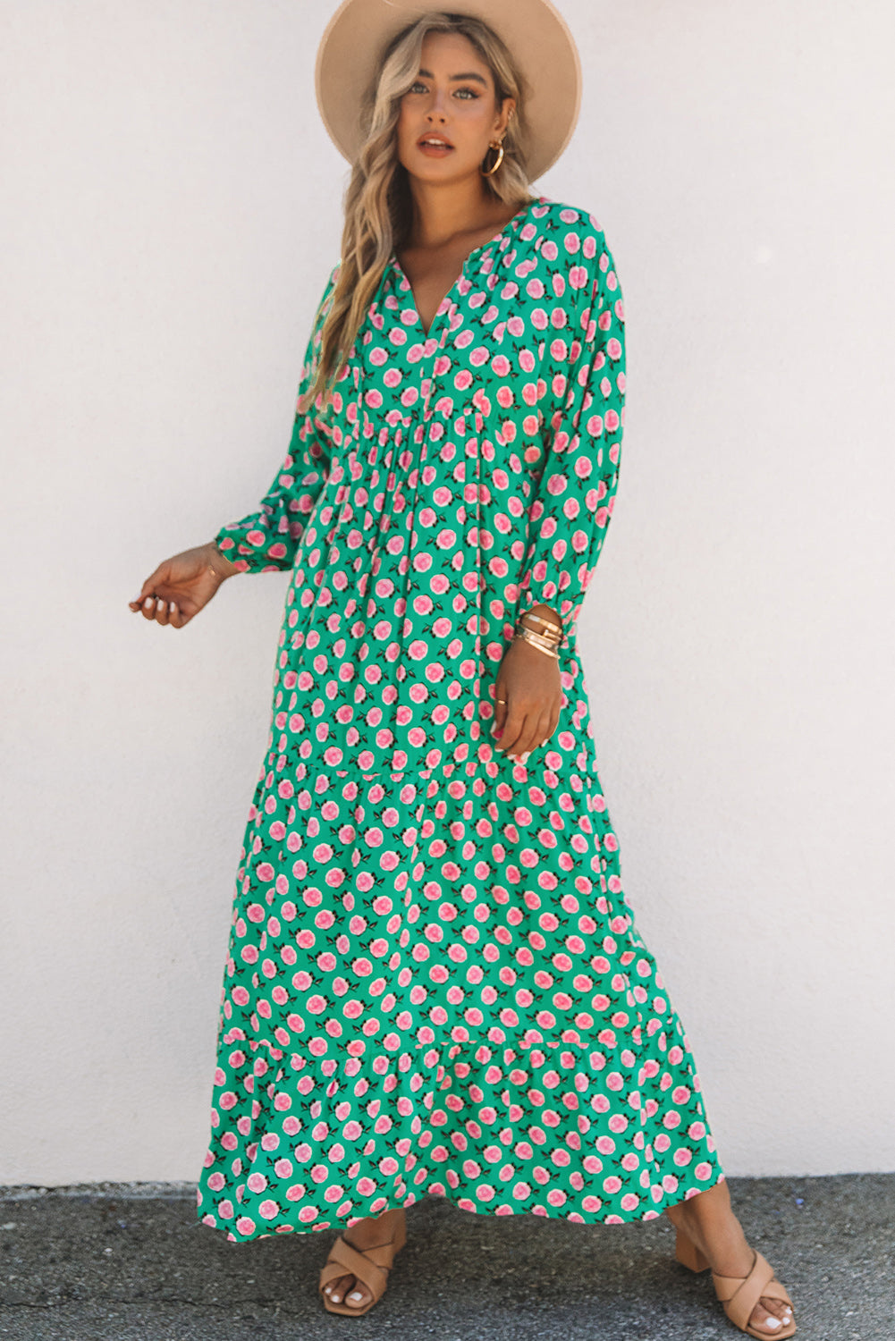 Floral Tie Neck Tiered Long Sleeve Maxi Dress