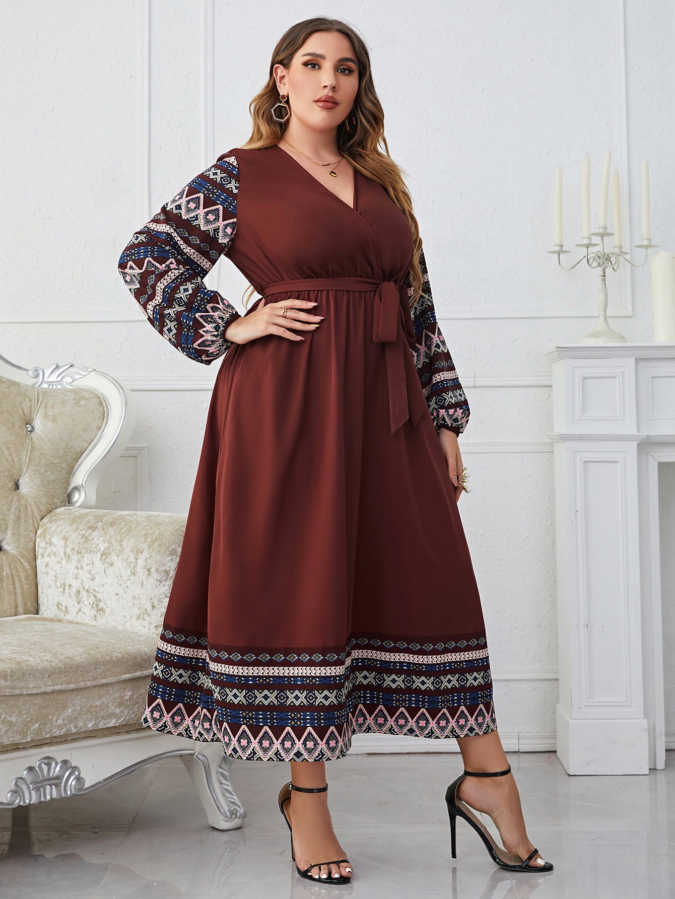 Plus Size Surplice Neck Tie Belt Balloon Sleeve Dress