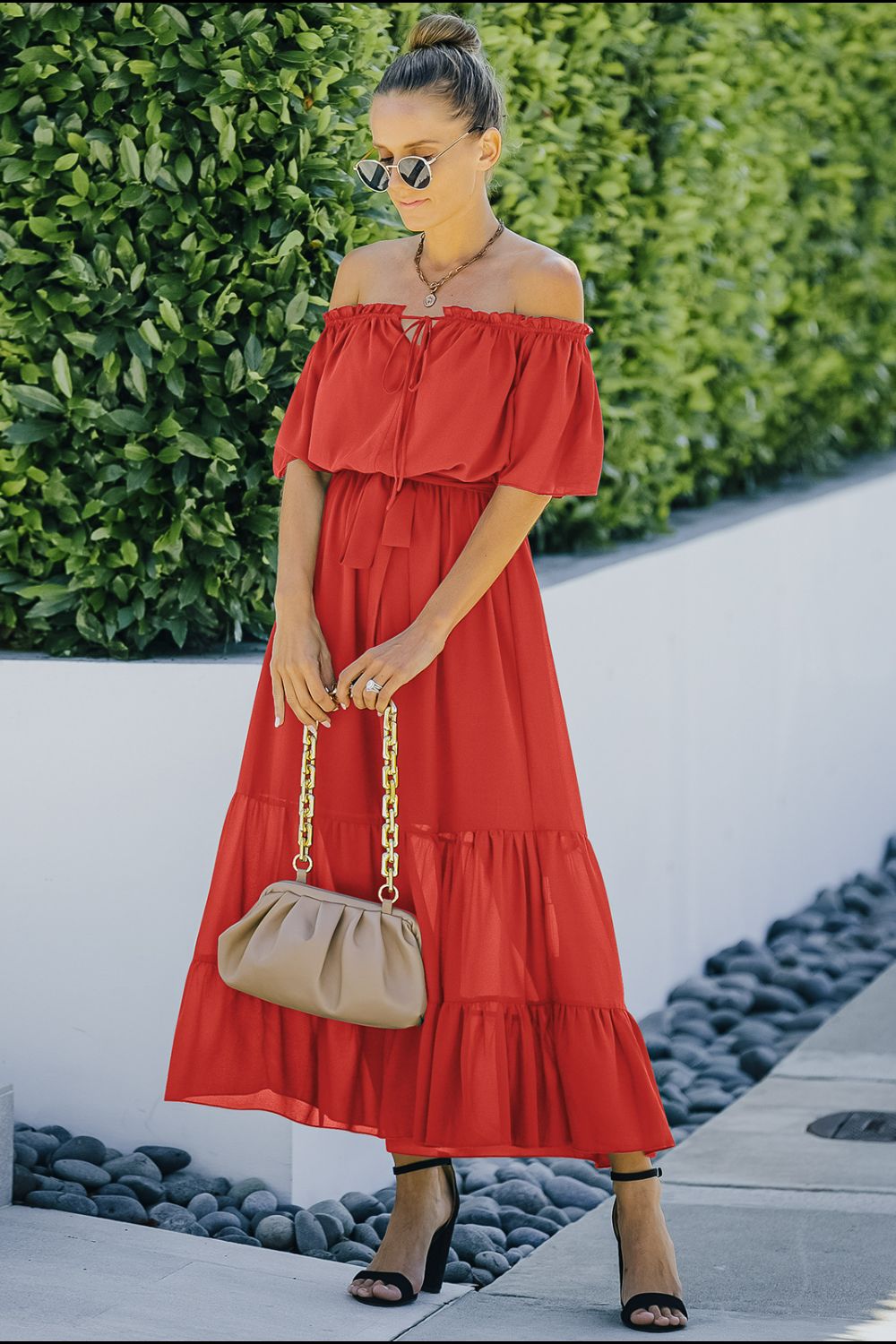 Tie Front Off-Shoulder Belted Tiered Maxi Dress