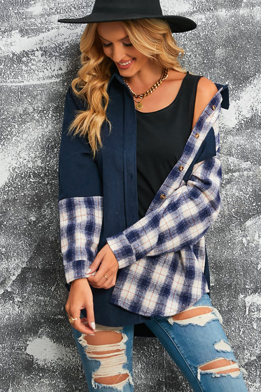 Plaid Color Block Dropped Shoulder Corduroy Shacket