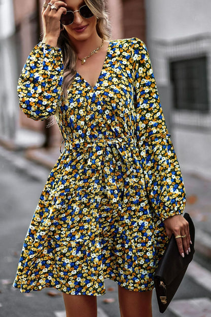 Floral Belted Puff Sleeve Mini Dress