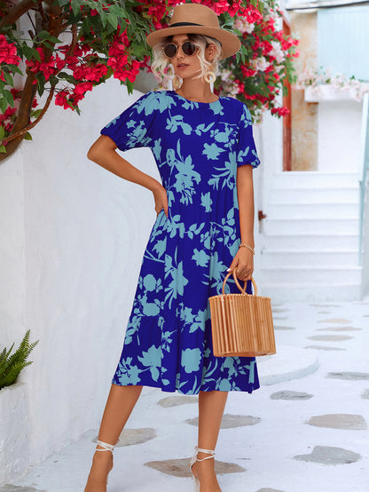 Floral Puff Sleeve Ruffle Hem Midi Dress