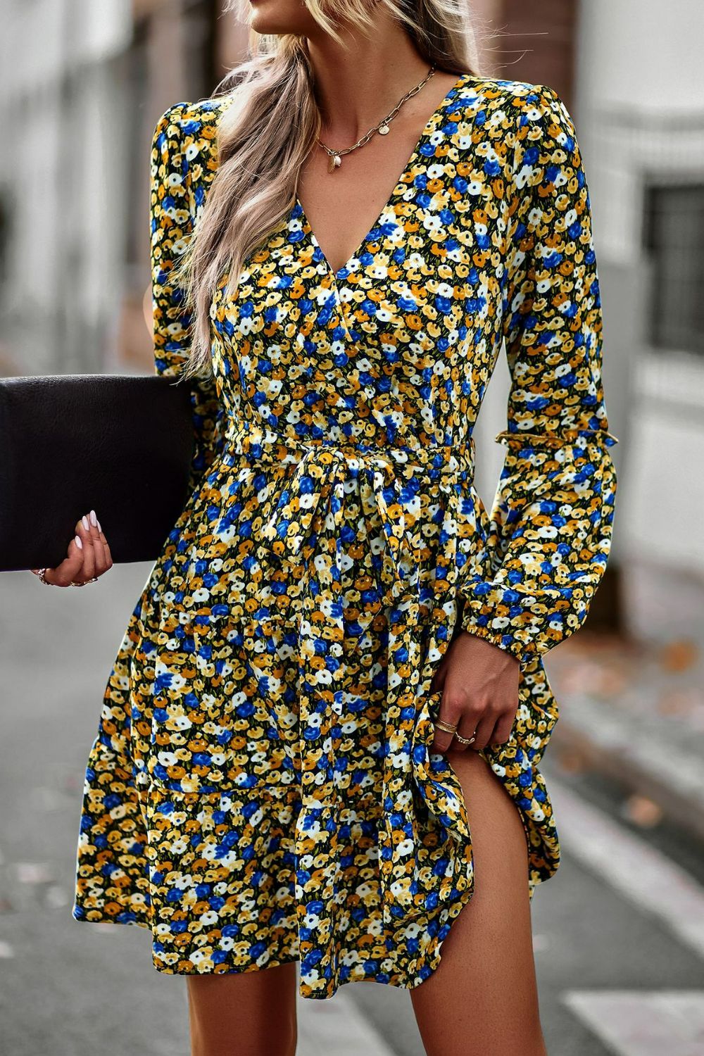 Floral Belted Puff Sleeve Mini Dress