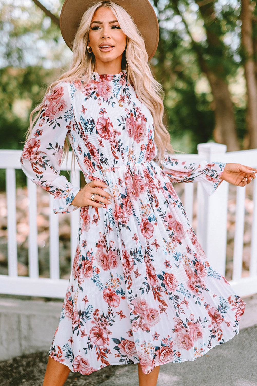 Floral Mock Neck Flounce Sleeve Midi Dress