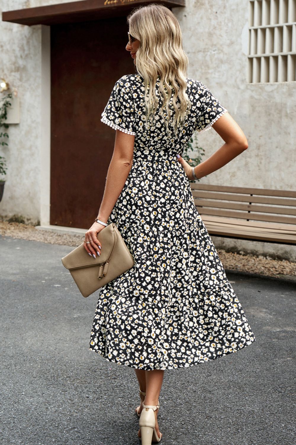 Floral Surplice Neck Tie Waist Slit Dress