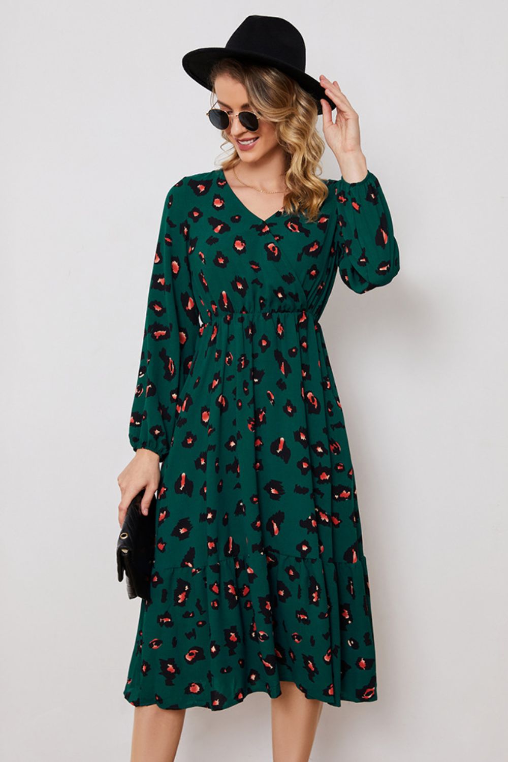 Printed Surplice Neck Long Sleeve Dress