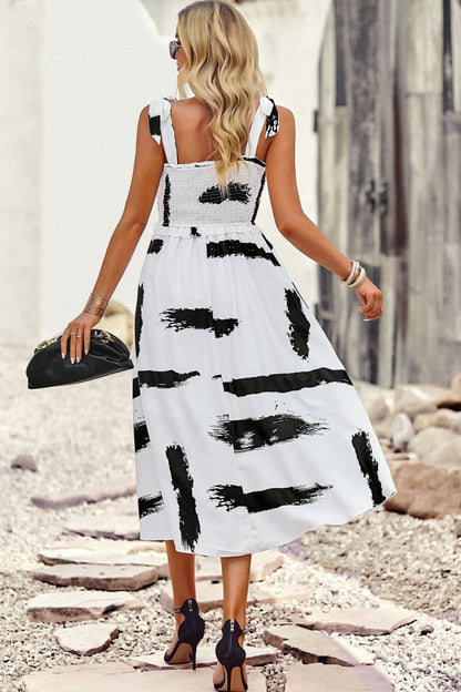 Brush Stroke Tie Shoulder Smocked Dress