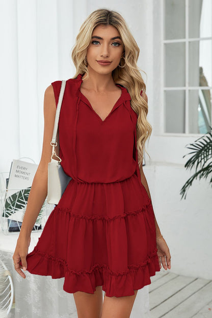 Frill Trim Tie Neck Sleeveless Mini Dress