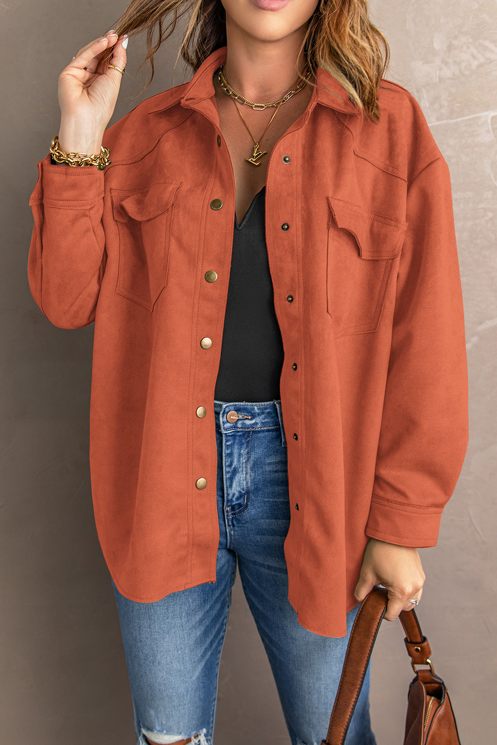 Suede Snap Front Dropped Shoulder Jacket