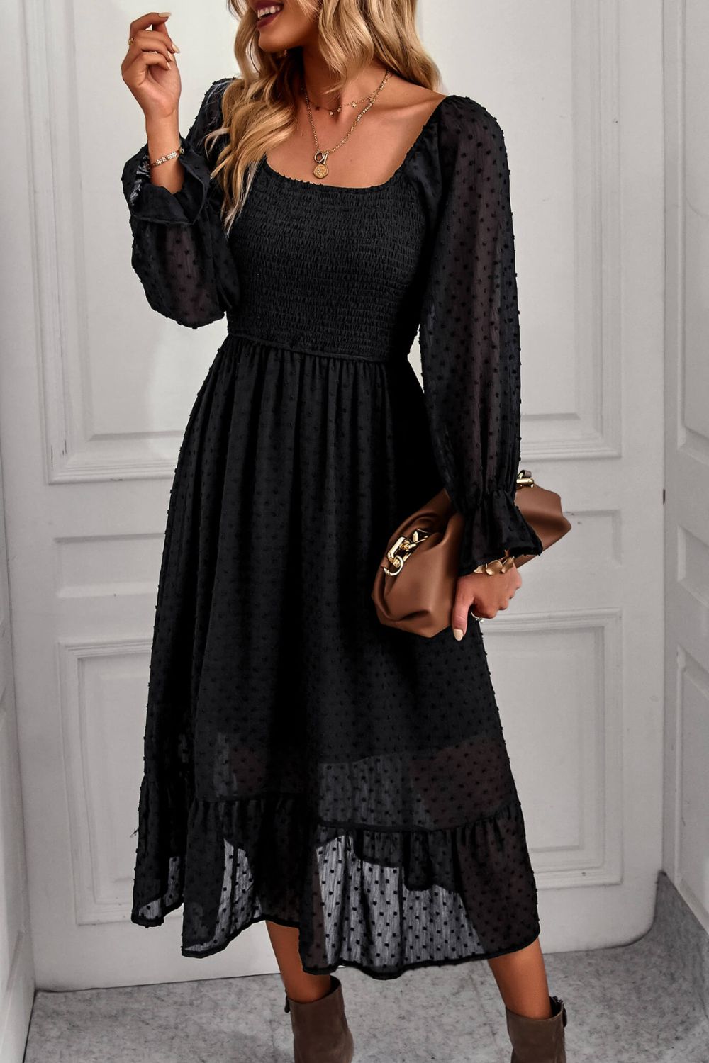 Swiss Dot Smocked Ruffle Hem Flounce Sleeve Dress