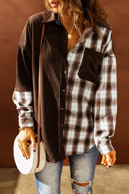 Plaid Color Block Dropped Shoulder Corduroy Shacket